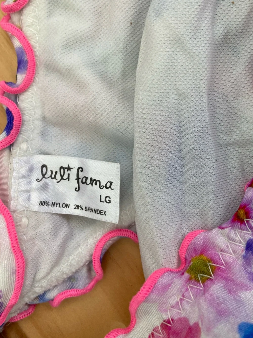 Luli Fama White Floral Print Ruffle Triangle Bikini with Pink Trim
